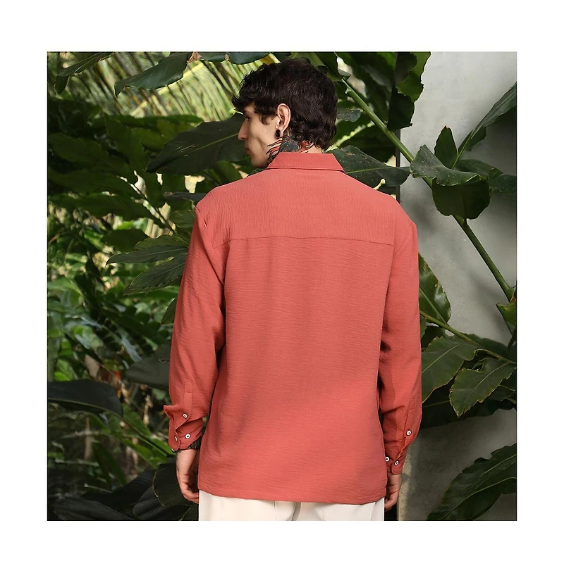 Campus Sutra Men's Coral Orange Breezy Wrinked Shirt