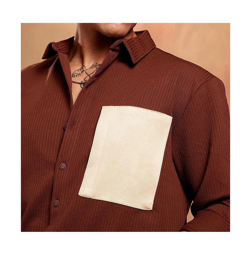 Campus Sutra Men's Chocolate Brown Block-Patch Oversized Shirt