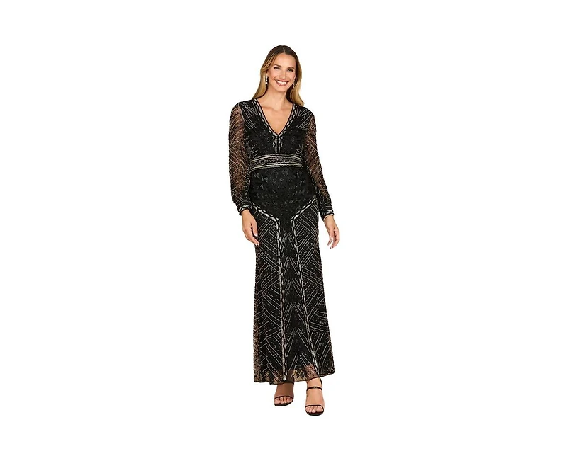 Lara Women's V Neck Beaded Long Sleeve Dress