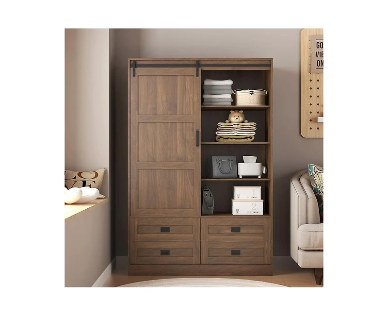 Casainc Tall Cabinet Bedroom Armoire Wardrobe Closet Clothing with Hanging Rod Barn Door Drawers Open Shelves