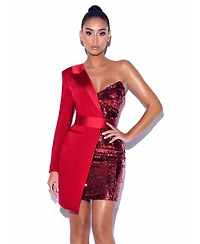 Miss Circle Women's Silver Night Wine Red Sequin Crepe Tuxedo Blazer Dress