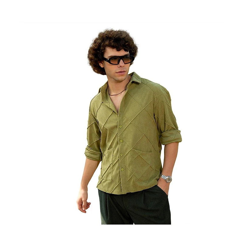 Campus Sutra Men's Pistachio Green Grid-Corduroy Shirt