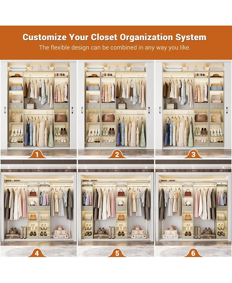 Aheaplus 58" - 90'' W Closet System with 2 Drawers, Large Walk-in Closet Organizer with 3 Hanging Rods and Shelves