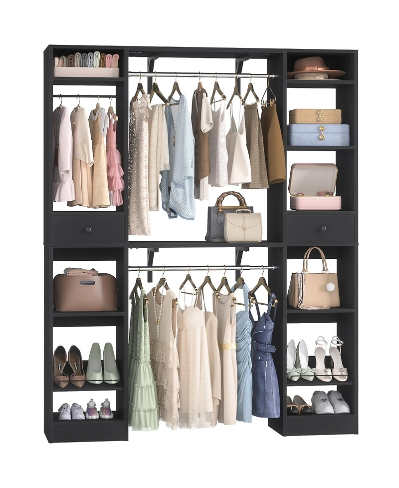 Aheaplus 58" - 90'' W Closet System with 2 Drawers, Large Walk-in Organizer 3 Hanging Rods and Shelves