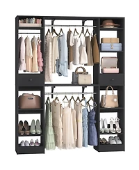 Aheaplus 58" - 90'' W Closet System with 2 Drawers, Large Walk-in Organizer 3 Hanging Rods and Shelves
