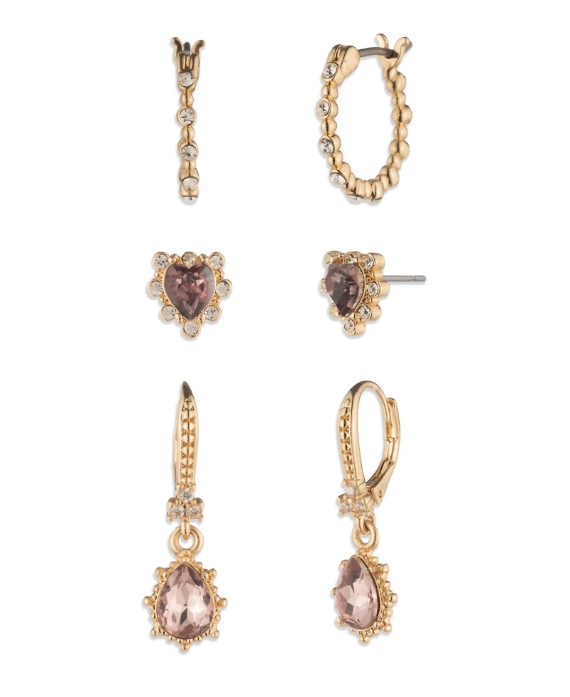 Marchesa 3-piece Glass Stone Gold-Tone Heart Earrings Set