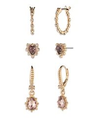 Marchesa 3-piece Glass Stone Gold-Tone Heart Earrings Set