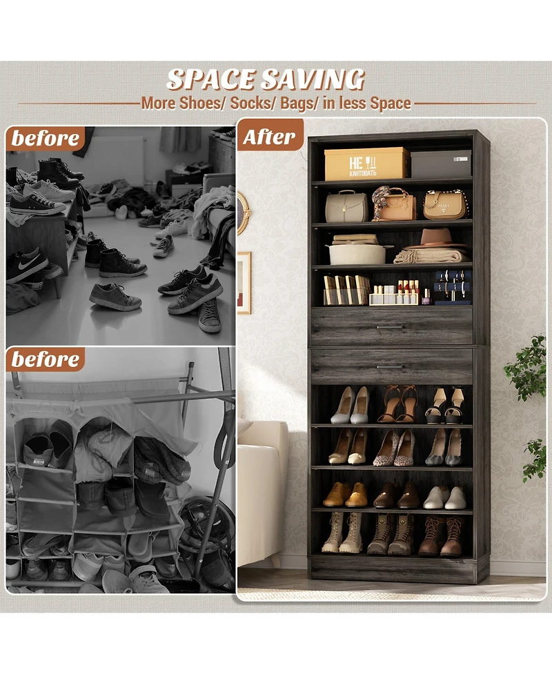 Aheaplus 8-Tier Shoe Rack with 2 Drawers, 80'' High Wooden Shoe Cabinet with Adjustable Shelves