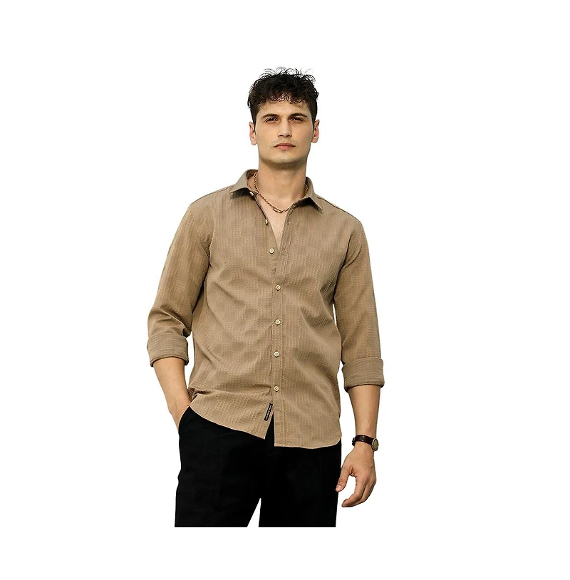 Campus Sutra Men's Ash Brown Grid-Check Tactile Shirt