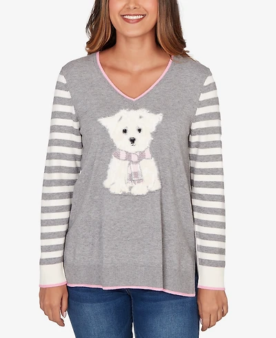 Ruby Rd. Petite Maltese Puppy Striped Sleeve Pullover Sweater