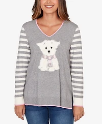 Ruby Rd. Petite Maltese Puppy Striped Sleeve Pullover Sweater