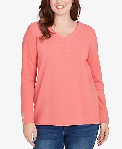 Ruby Rd. Petite Luxe Rib V-Neck Button Accent Knit Top