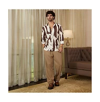 Campus Sutra Men's Chocolate Brown & Daisy White Contour-Lines Pleated Shirt