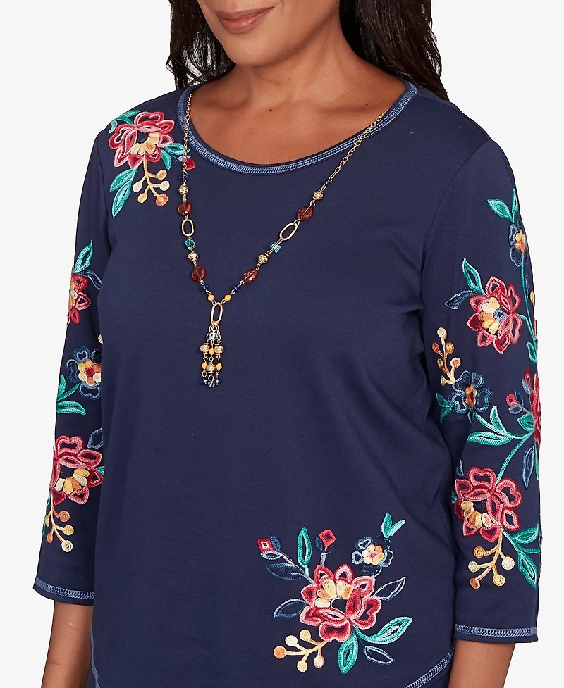 Alfred Dunner Women's Saratoga Springs Embroidered Sleeve Knit Top with Necklace