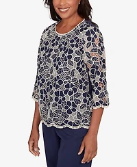 Alfred Dunner Women's Saratoga Springs Floral Lace Trim Soft Knit Top