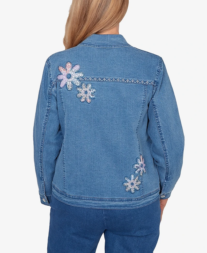 Alfred Dunner Women's Hilton Head Floral Applique Detail Light Denim Jacket