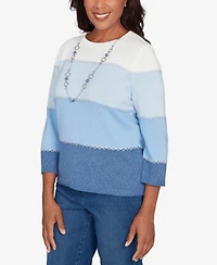 Alfred Dunner Women's Hilton Head Ombre Stripe Sweater with Necklace