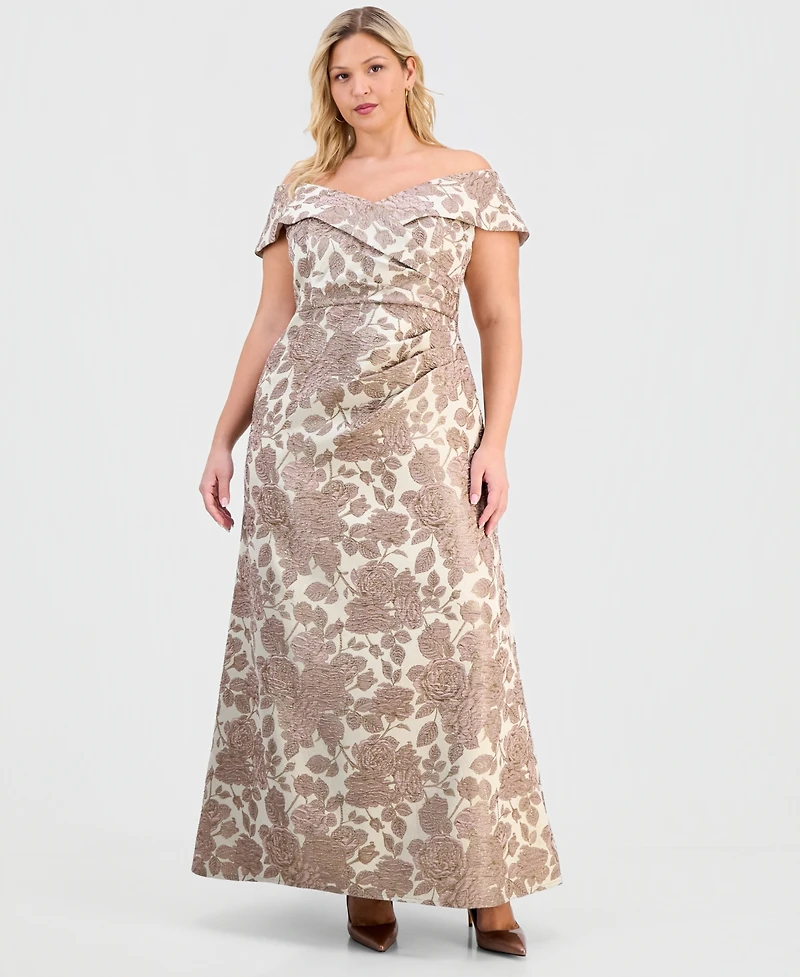 Alex Evenings Plus Jacquard Off-The-Shoulder Gown