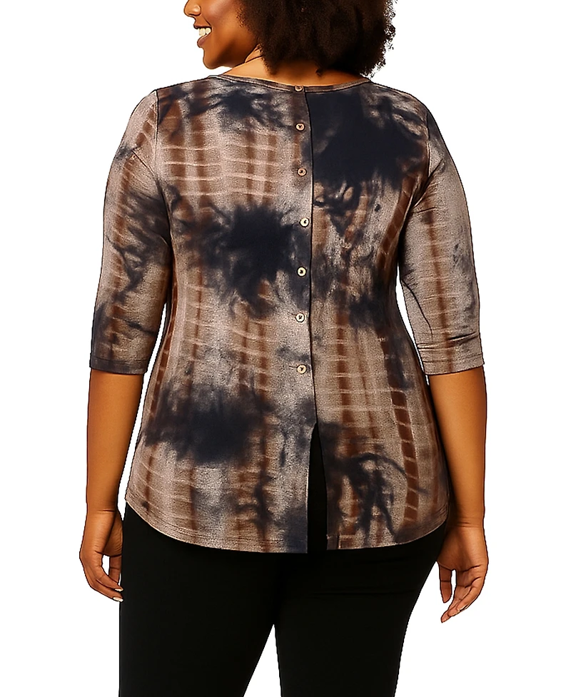 Coin 1804 Plus Tie Dye Cozy Button Back 3/4 Sleeve Top