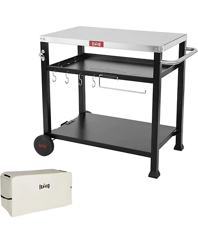 Three Shelf Movable Food Prep and Work Cart Table Home and Outdoor Table Top Worktable on Two Wheels