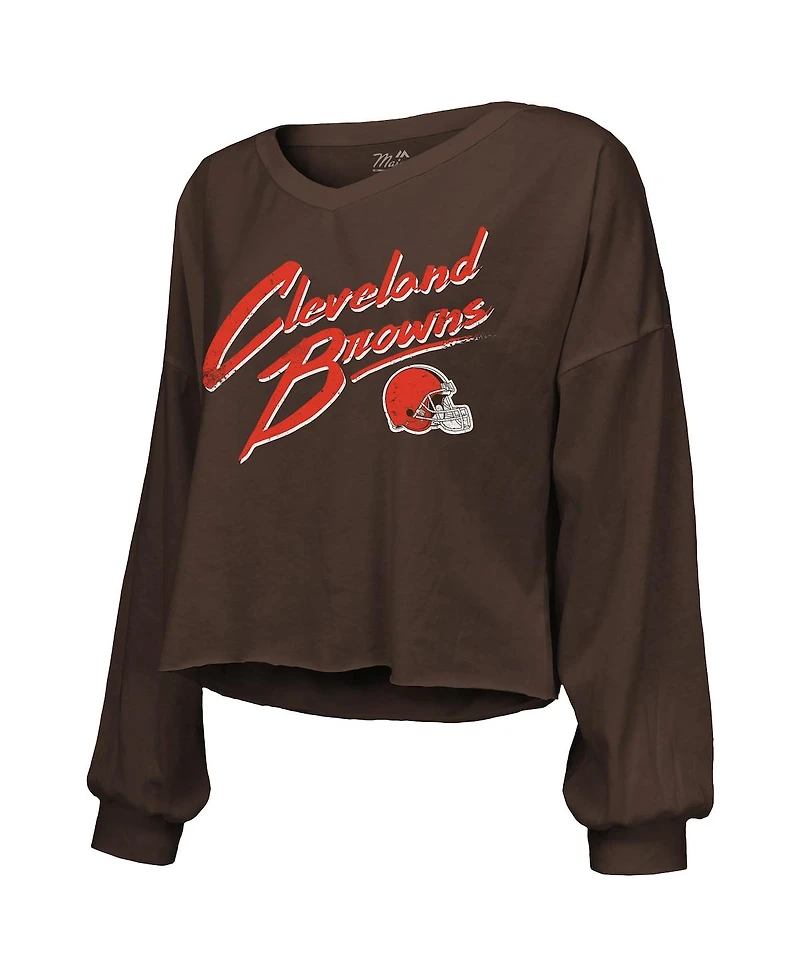 Majestic Threads Women's Shedeur Sanders Brown Cleveland Browns Name Number Off-Shoulder Script Cropped Long Sleeve Relaxed V-Neck T-Shirt