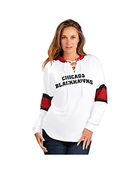 G-iii 4Her by Carl Banks Women's White Chicago Blackhawks Goal Zone Long Sleeve Lace-Up Hooded T-Shirt