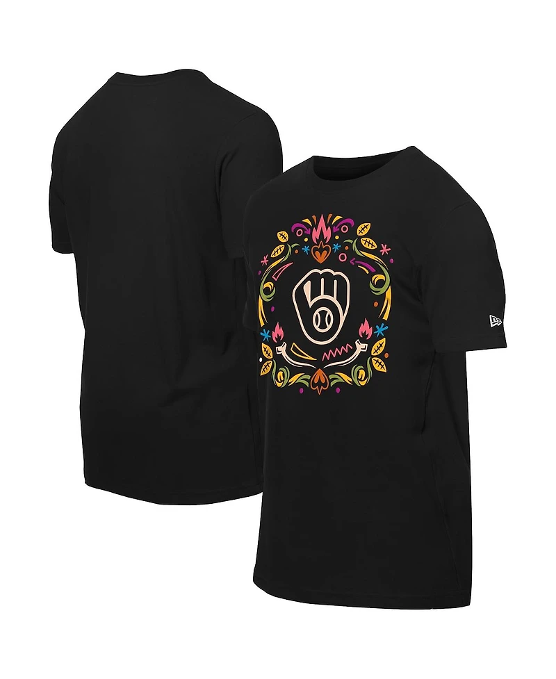 New Era Men's Black Milwaukee Brewers Dia de los Muertos Washed Oversized T-Shirt