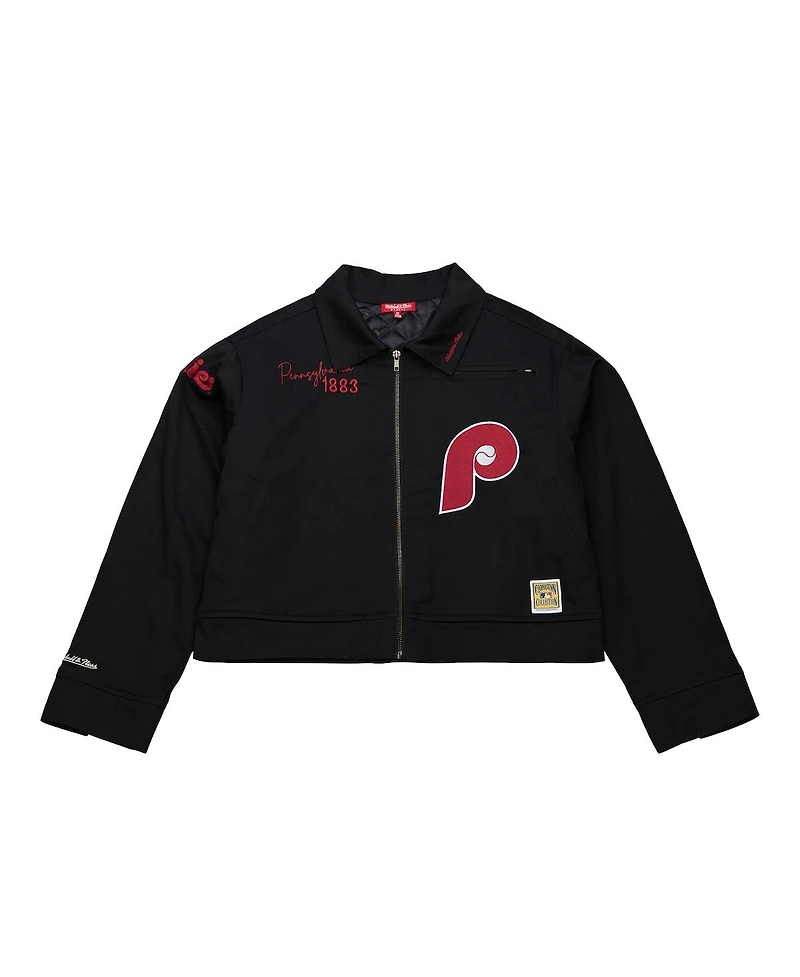 Mitchell & Ness Women's Black Philadelphia Phillies Mechanic Cropped Full-Zip Jacket