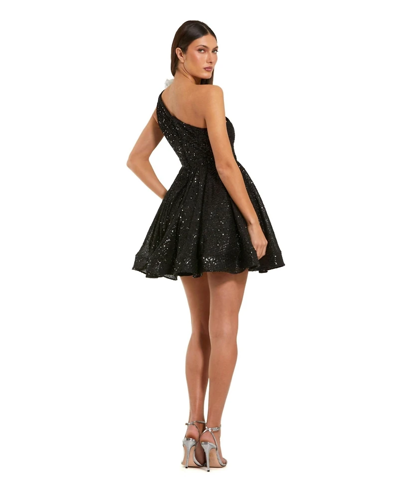 Mac Duggal Women's One Shoulder Sequin Mini Dress With 3D Flower