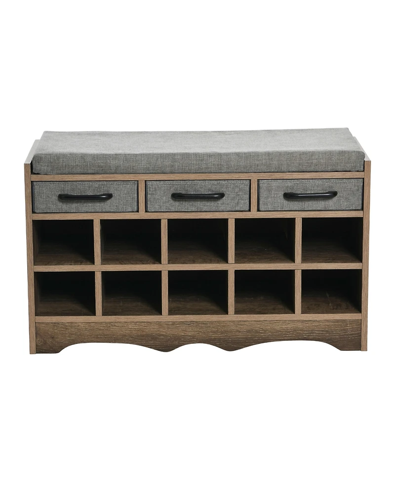 Household Essentials Entryway Storage Bench with Drawers, Shoe Compartments and Cushioned Seat in Ashwood Rustic Wood Grain