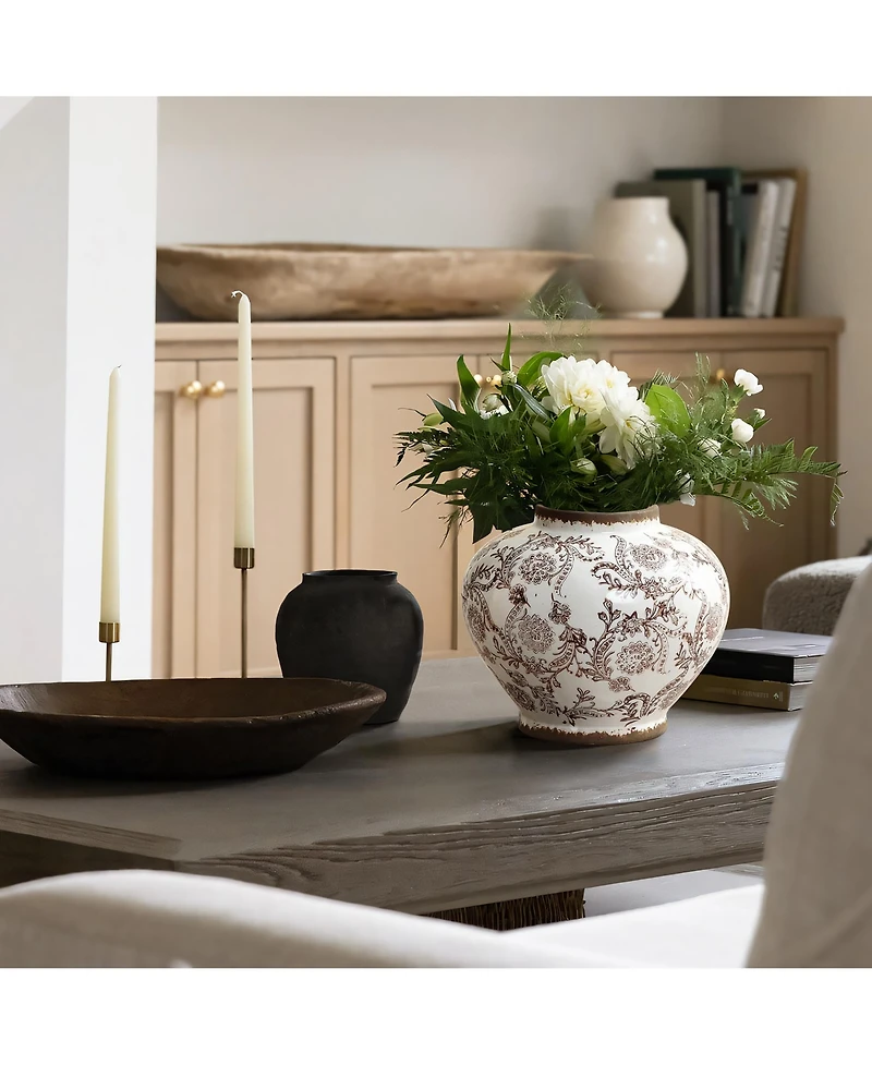 LuxenHome Brown Floral Wide-Mouth Waterproof Ceramic Vase, 8.66" Round Indoor Home Decor