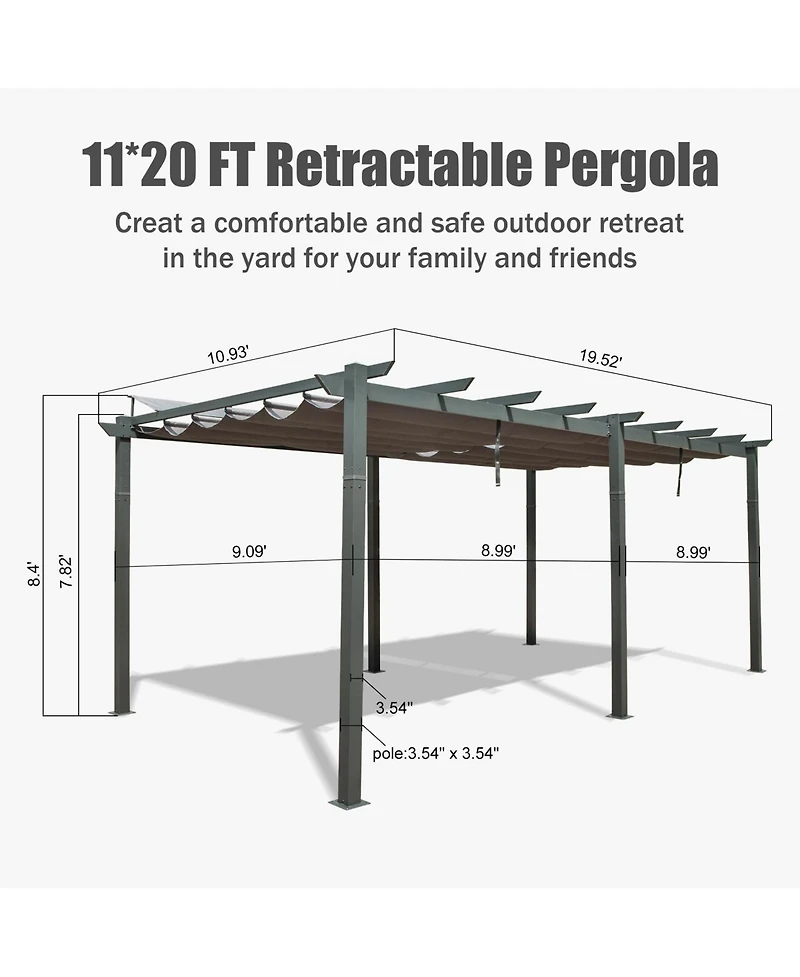 Boyel Living 11 X 20 Ft Outdoor Living Outdoor Retractable Pergola with Weather-Resistant Canopy Aluminum Garden Pergola Patio Grill Gazebo,Dark Gray