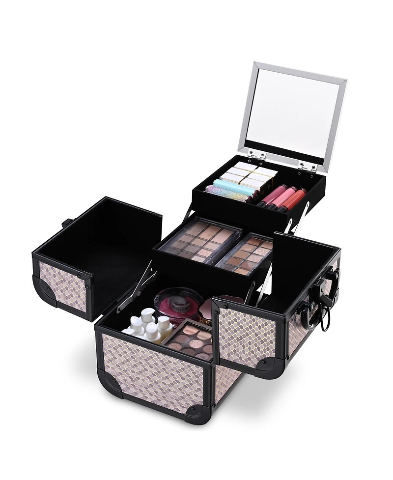 Byootique Makeup Train Case with Mirror Cosmetic Organizer Art Deco Graphite