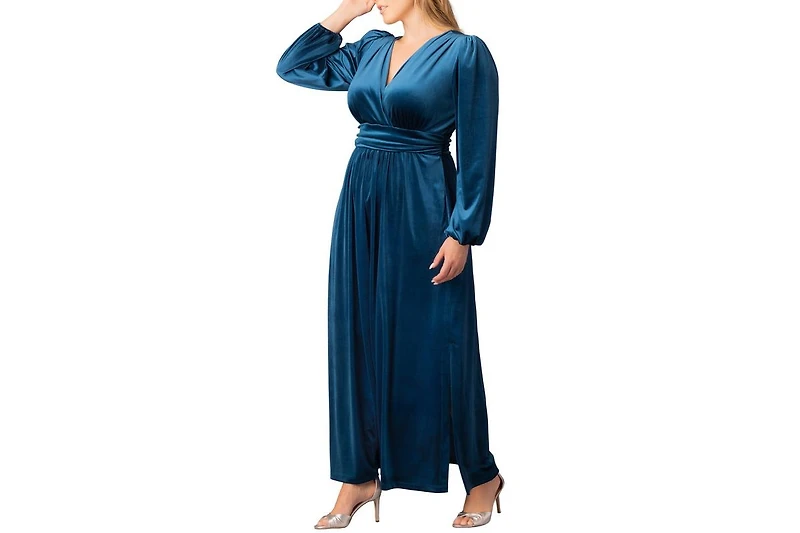 Kiyonna Plus Vivienne Long Sleeve Velvet Evening Gown with Pockets