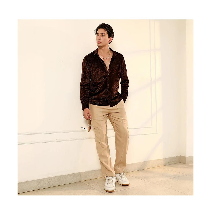Campus Sutra Men's Chocolate Brown Solid Velvet Shirt