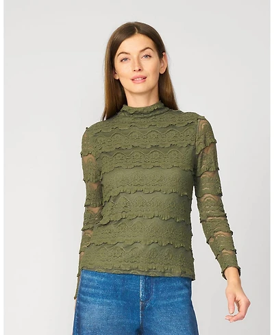 Cable & Gauge Women's Ruffle Lace Stretch Mock Neck Top