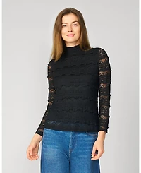 Cable & Gauge Women's Ruffle Lace Stretch Mock Neck Top