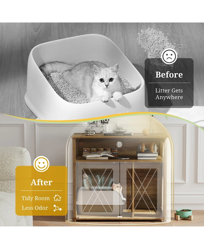 Gymax Cat Litter Box Enclosure w/ Double Barn Doors Divider Side Entry Storage Shelf