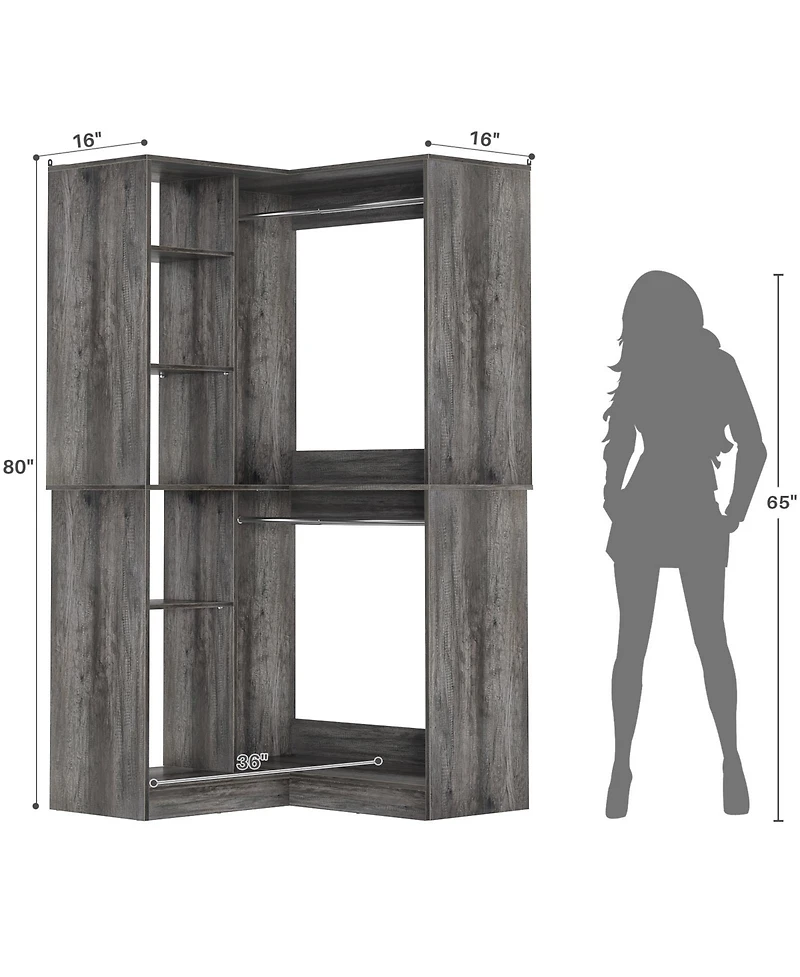 Aheaplus Freestanding Corner Closet System, 36'' Organizer System with 8 Shelves & 2 Hanging Rods for Closet/Bedroom