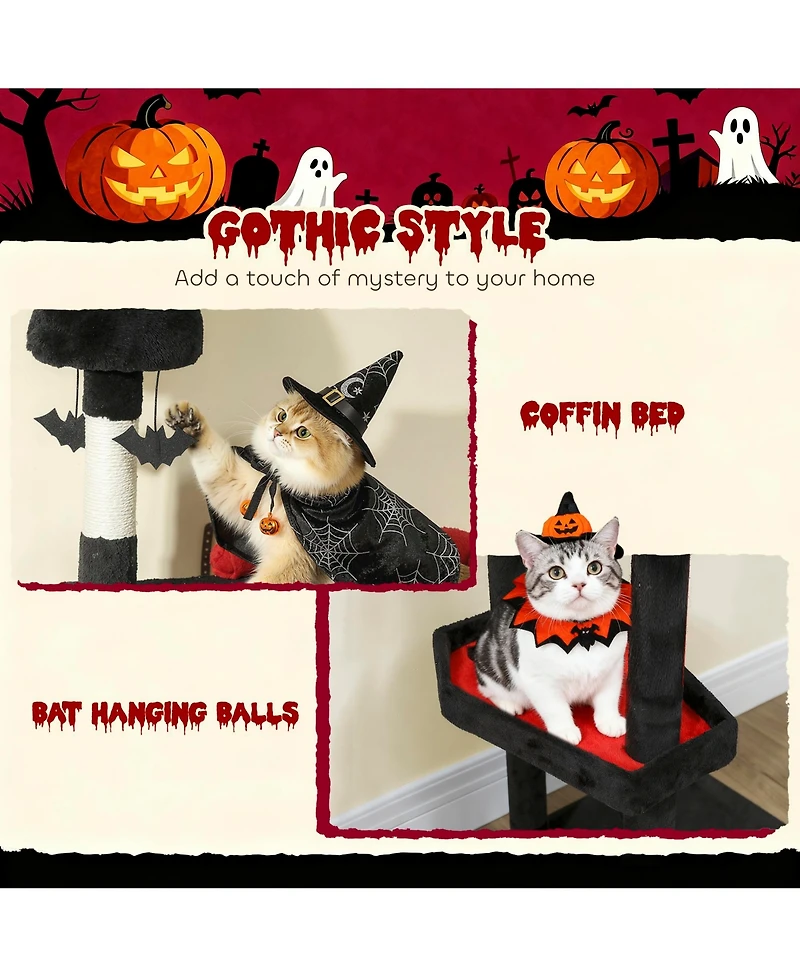 PawHut Gothic Cat Tree, 78" Cat Tower with Coffin Bed, Halloween