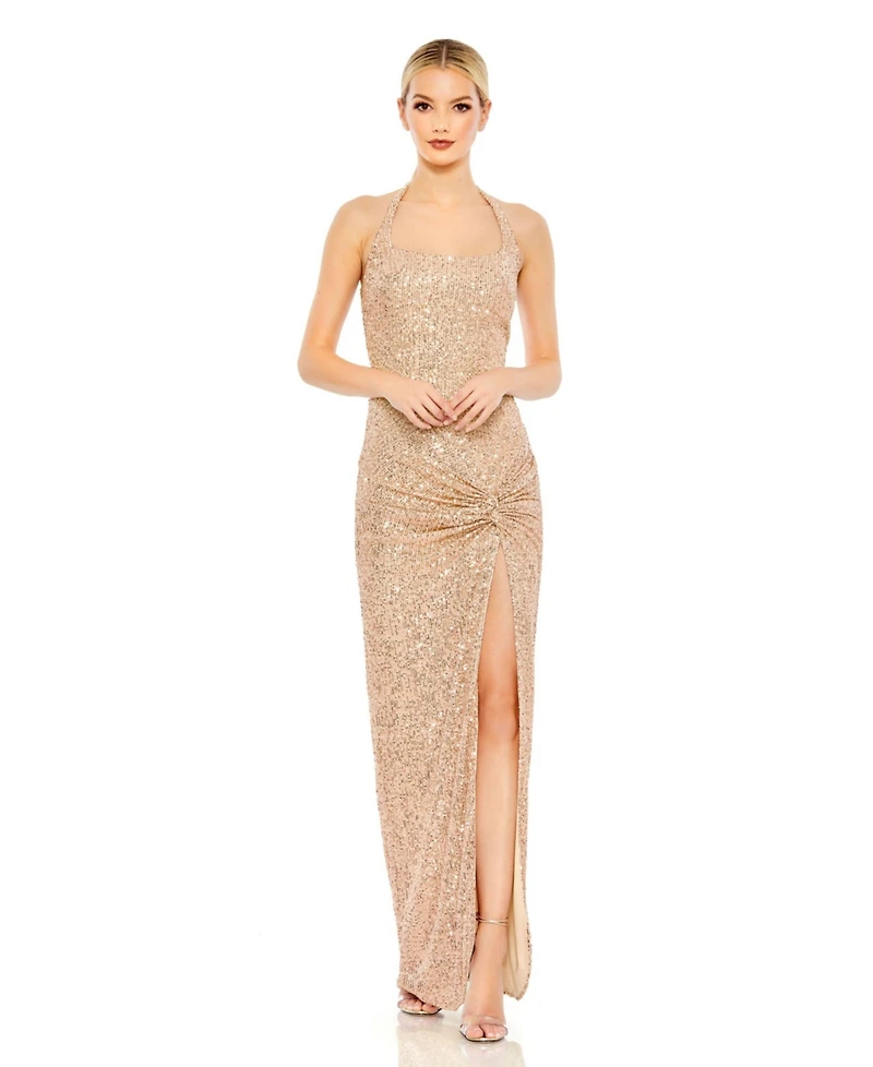 Mac Duggal Women's Sequined Halter Strap Low Side Knot Gown