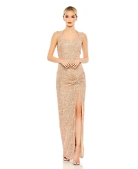 Mac Duggal Women's Sequined Halter Strap Low Side Knot Gown