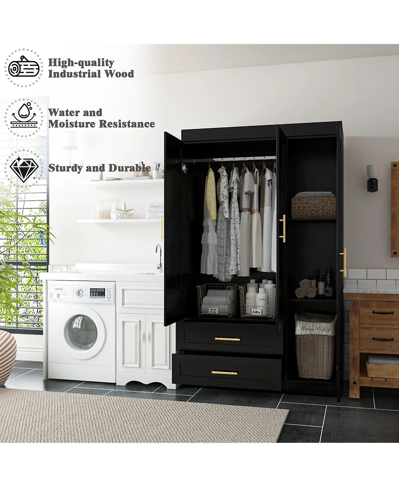 Freestanding Wood Bedroom Armoire with Hanging Rod and Shelves