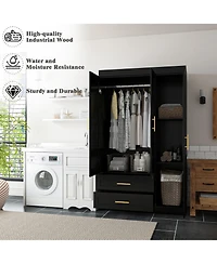Freestanding Wood Bedroom Armoire with Hanging Rod and Shelves