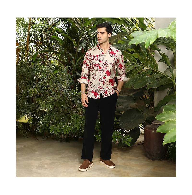 Campus Sutra Men's Scarlet Red Freesia-Imprint Shirt