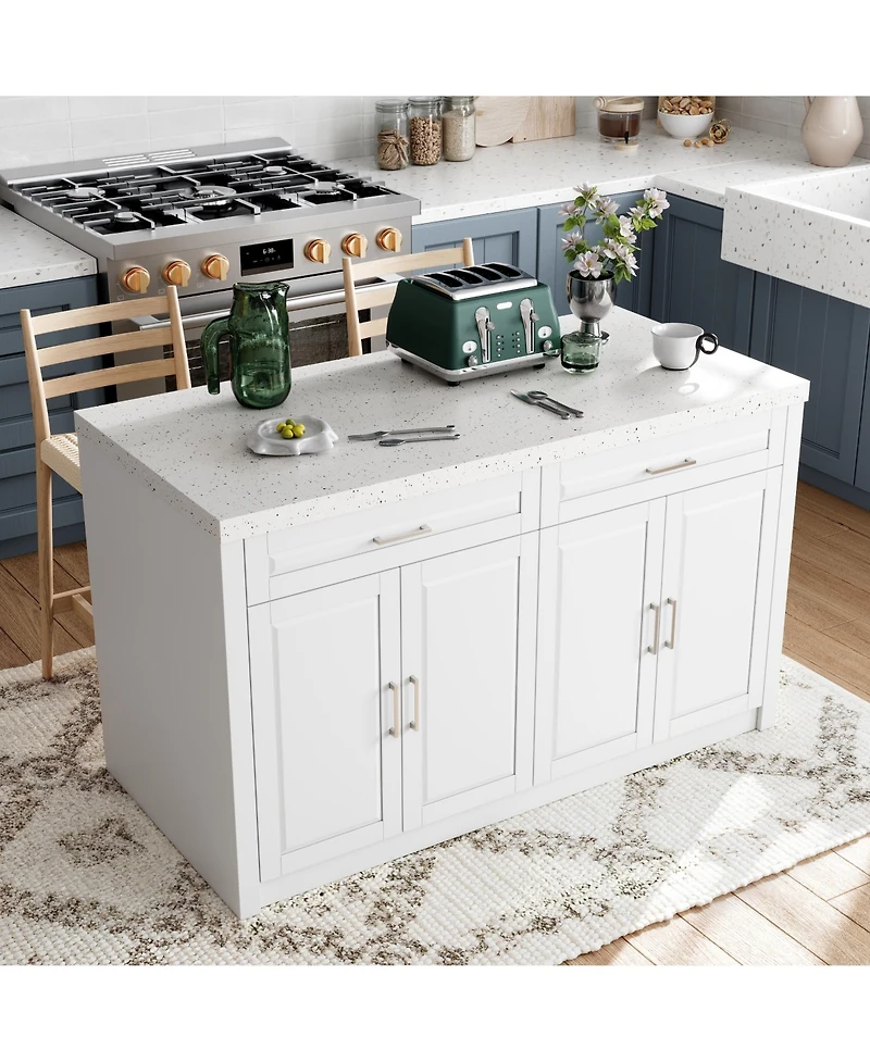 Kitchen island with 2 drawers, 4 doors, kitchen island storage table with sockets, coffee station and microwave rack for home, dining room