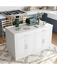 Kitchen island with 2 drawers, 4 doors, kitchen island storage table with sockets, coffee station and microwave rack for home, dining room