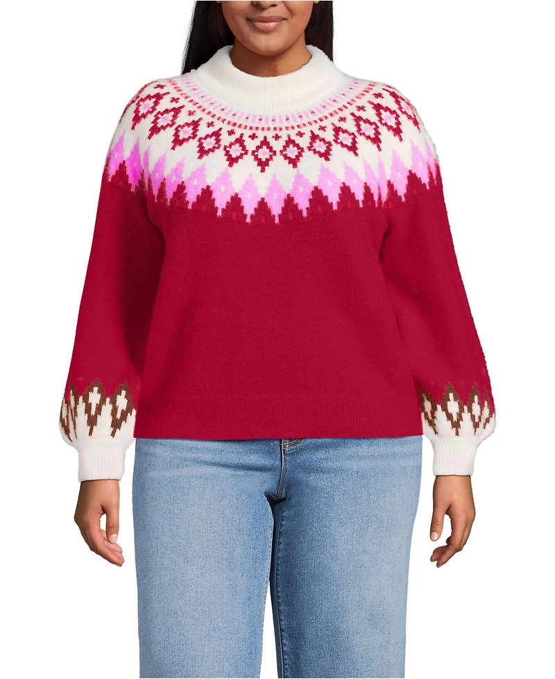Lands' End Plus Fuzzy Turtleneck Lantern Sleeve Jacquard Sweater