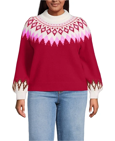 Lands' End Plus Fuzzy Turtleneck Lantern Sleeve Jacquard Sweater