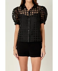 English Factory Women's Short Sleeve Organza Grid Blouse